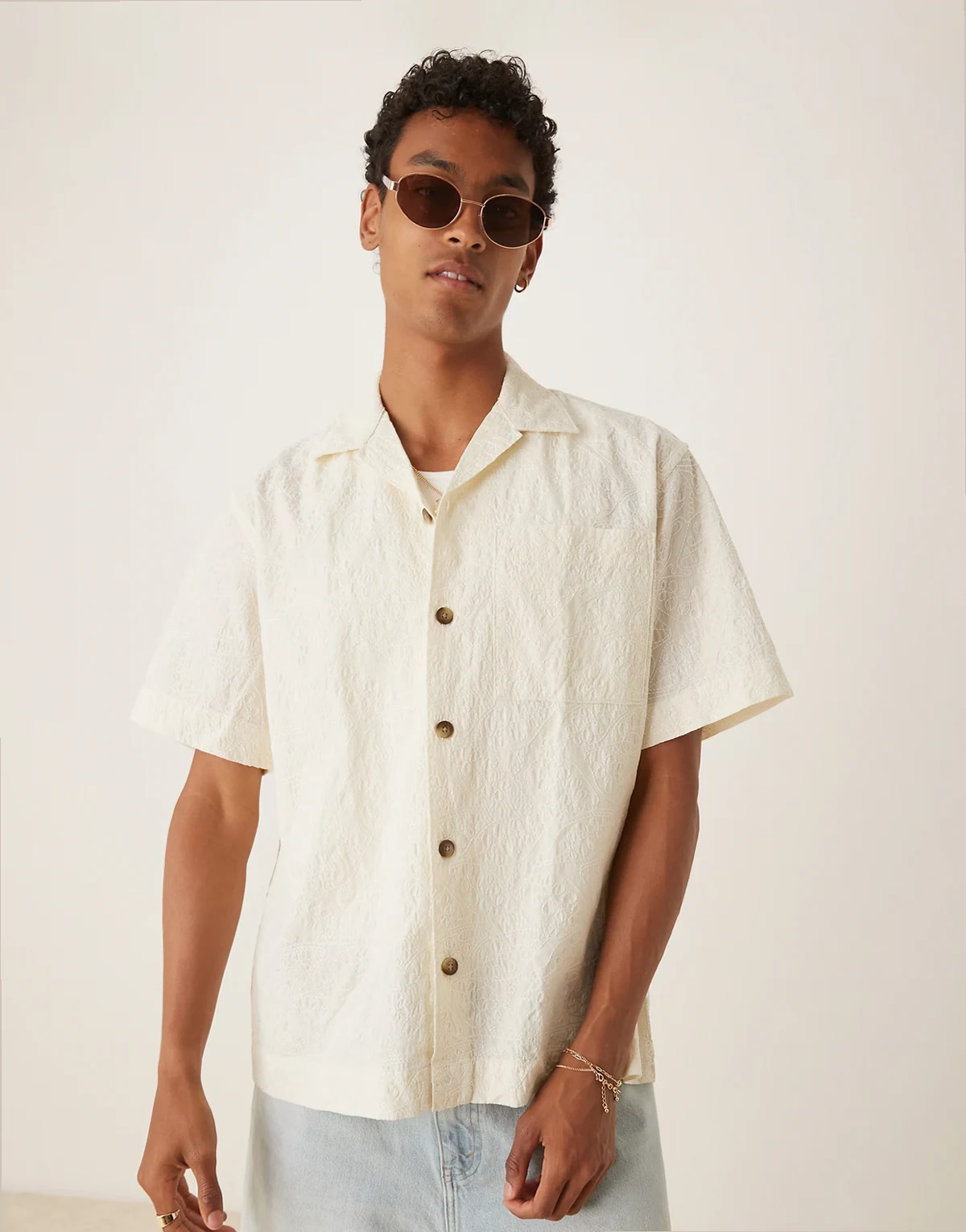 100% cotton textured pattern shirt in cream