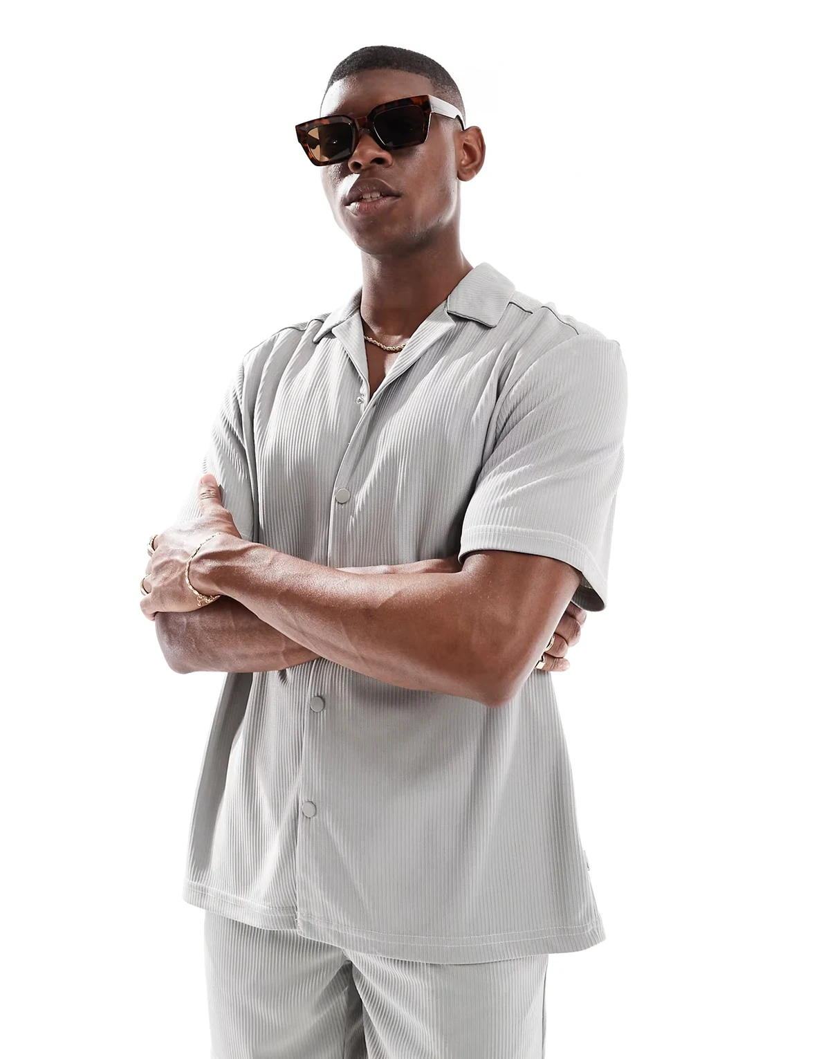 plisse camp collar collar shirt in gray - part of a set