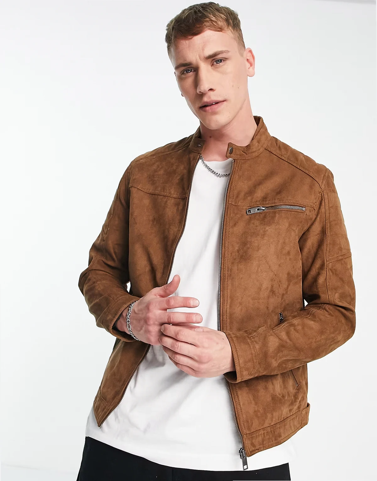 – Essentials – Brązowa kurtka typu biker z imitacji zamszu