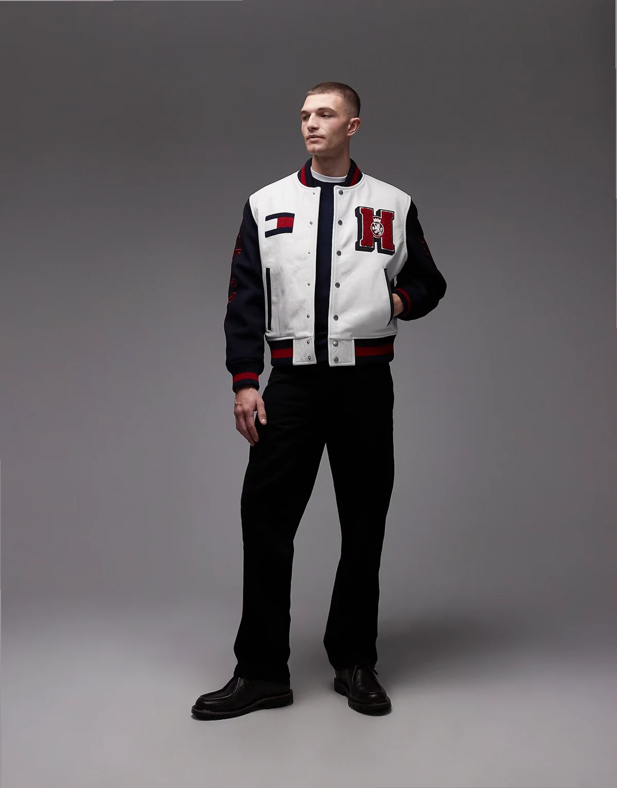 NYC varsity leather Racing jacket in white and navy