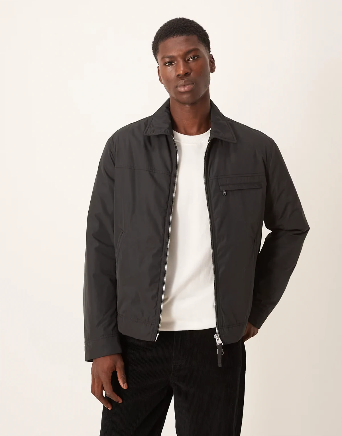 nylon minimal jacket with zip front in black