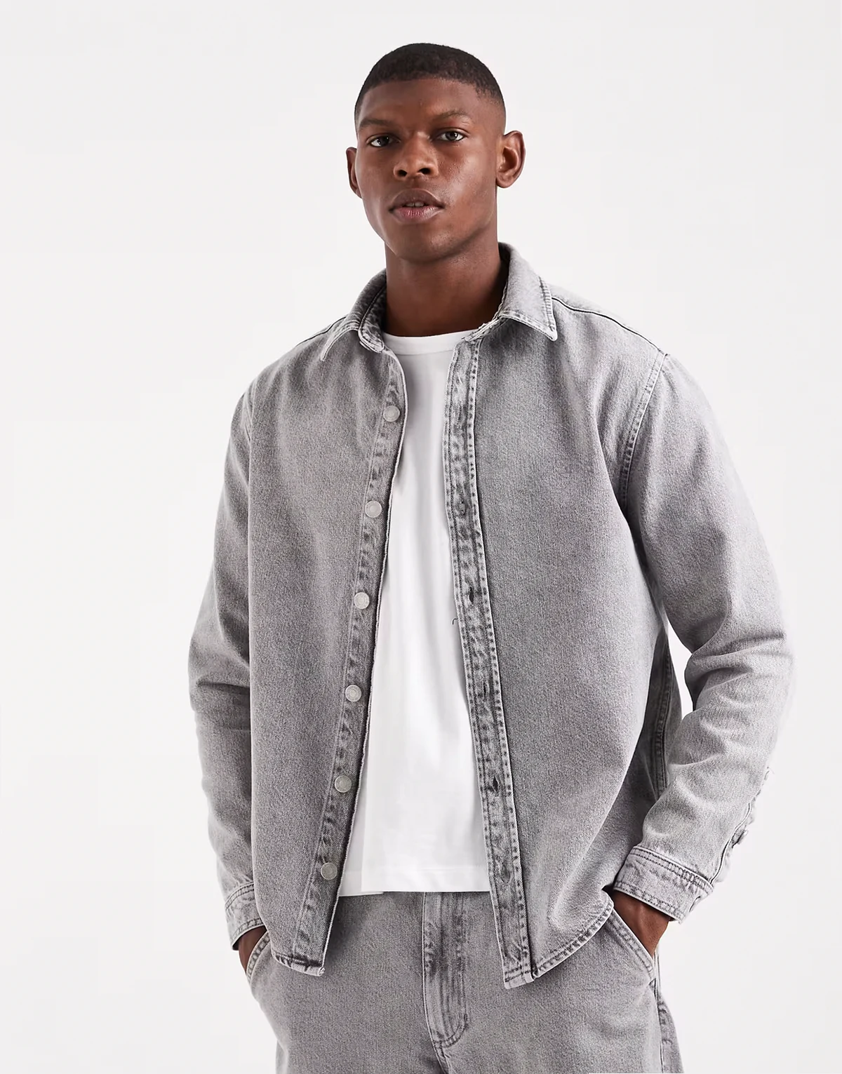Long sleeve regular denim shirt in light gray wash - part of a set