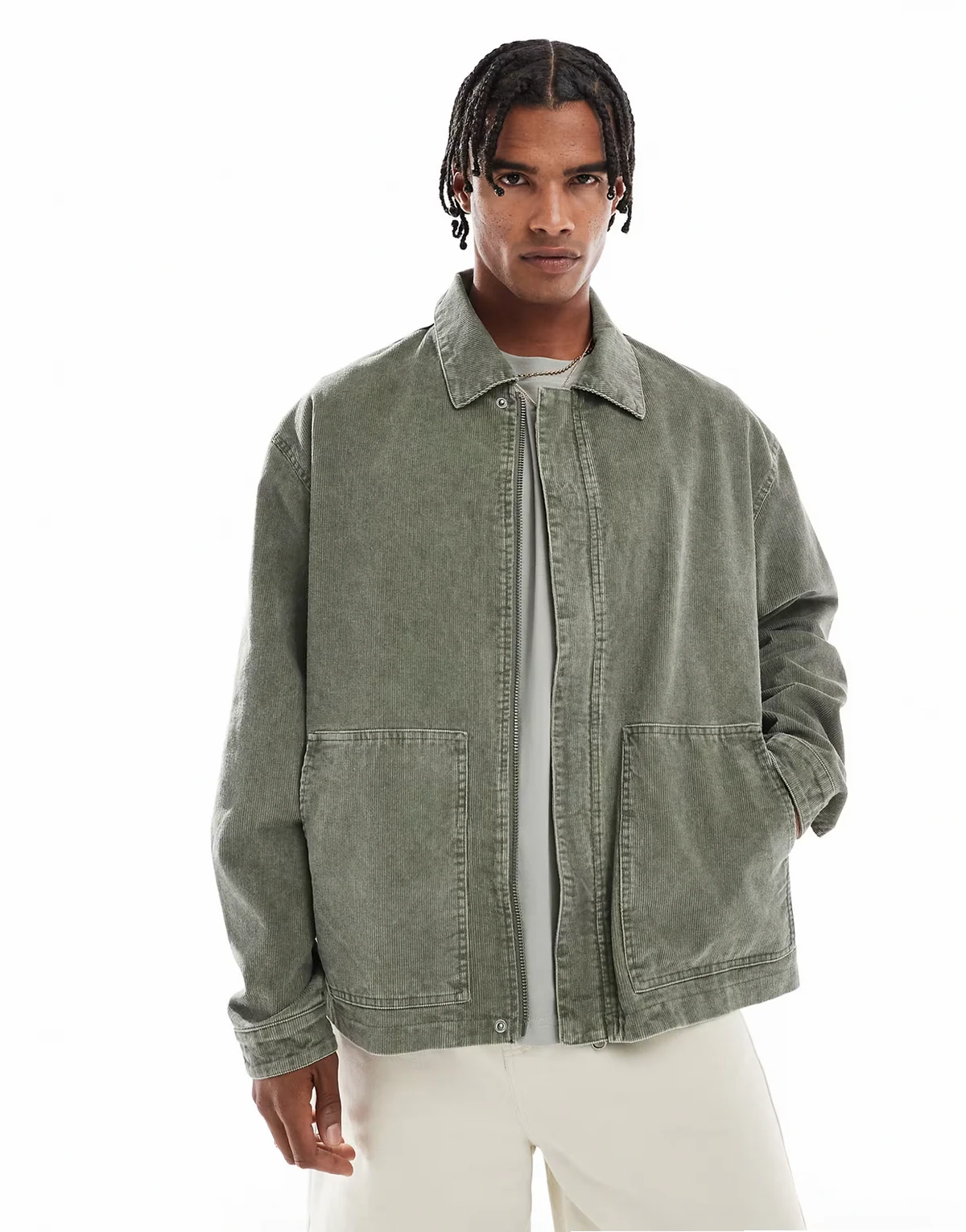 – Harrington-Jacke aus gewaschenem Cord in Grün