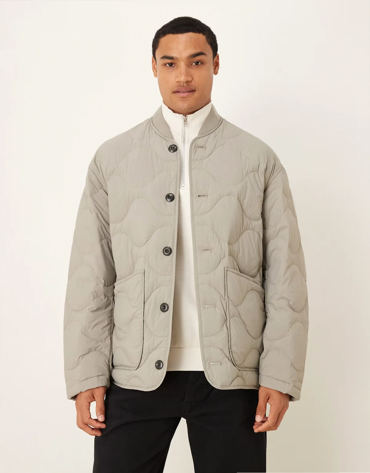 quilted jacket with ribbed collar in light gray