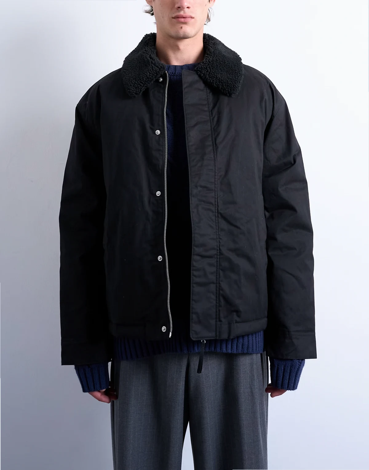 padded coach jacket with teddy collar in black