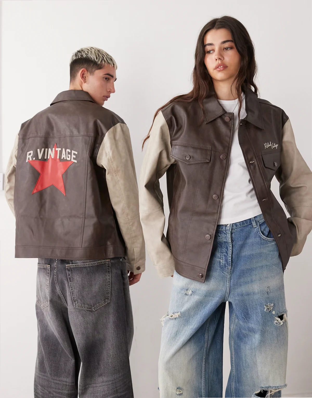 – Unisex-Bomberjacke in brauner Lederoptik mit Stern-Stickerei