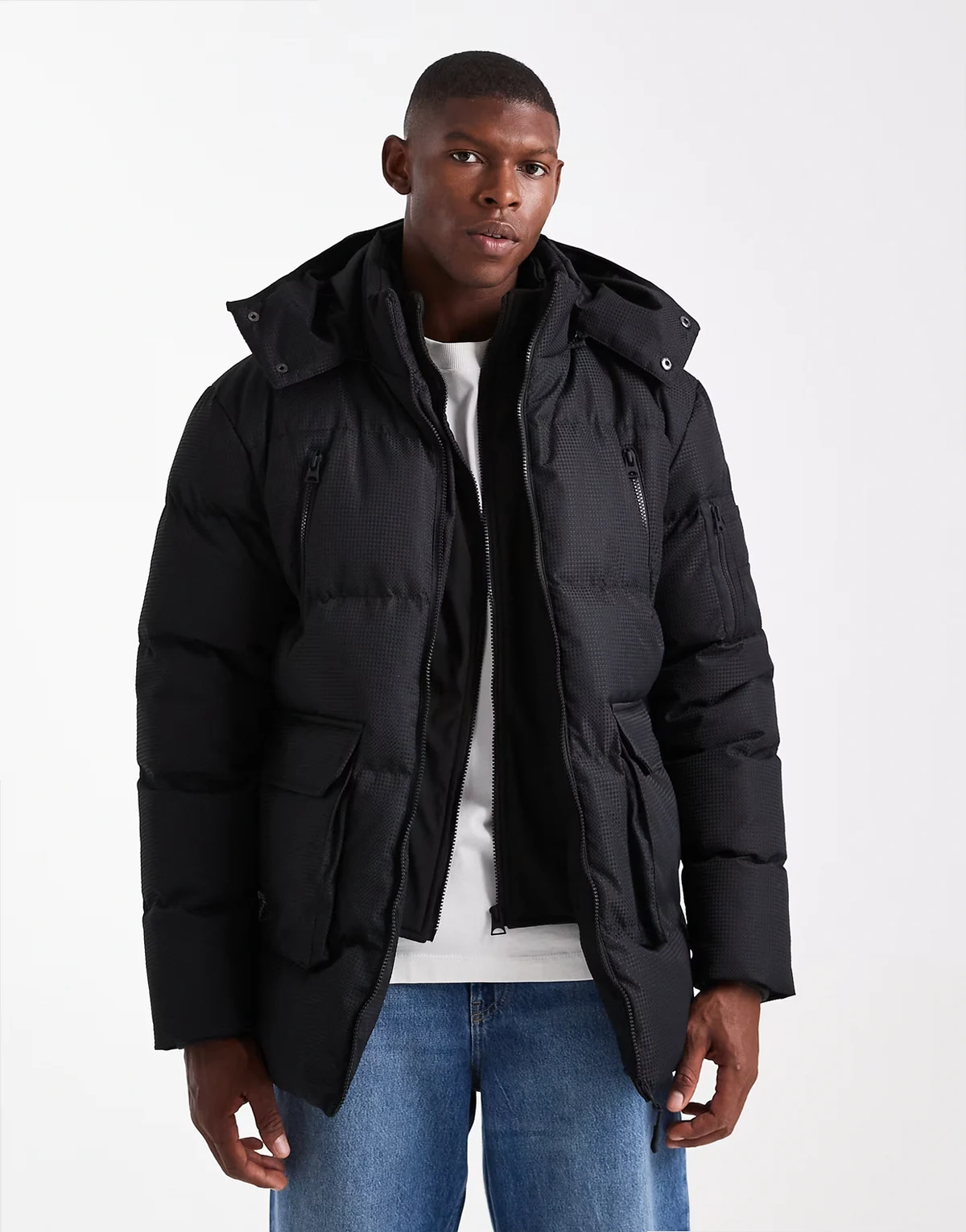 hooded puffer coat with pocket front detail in black