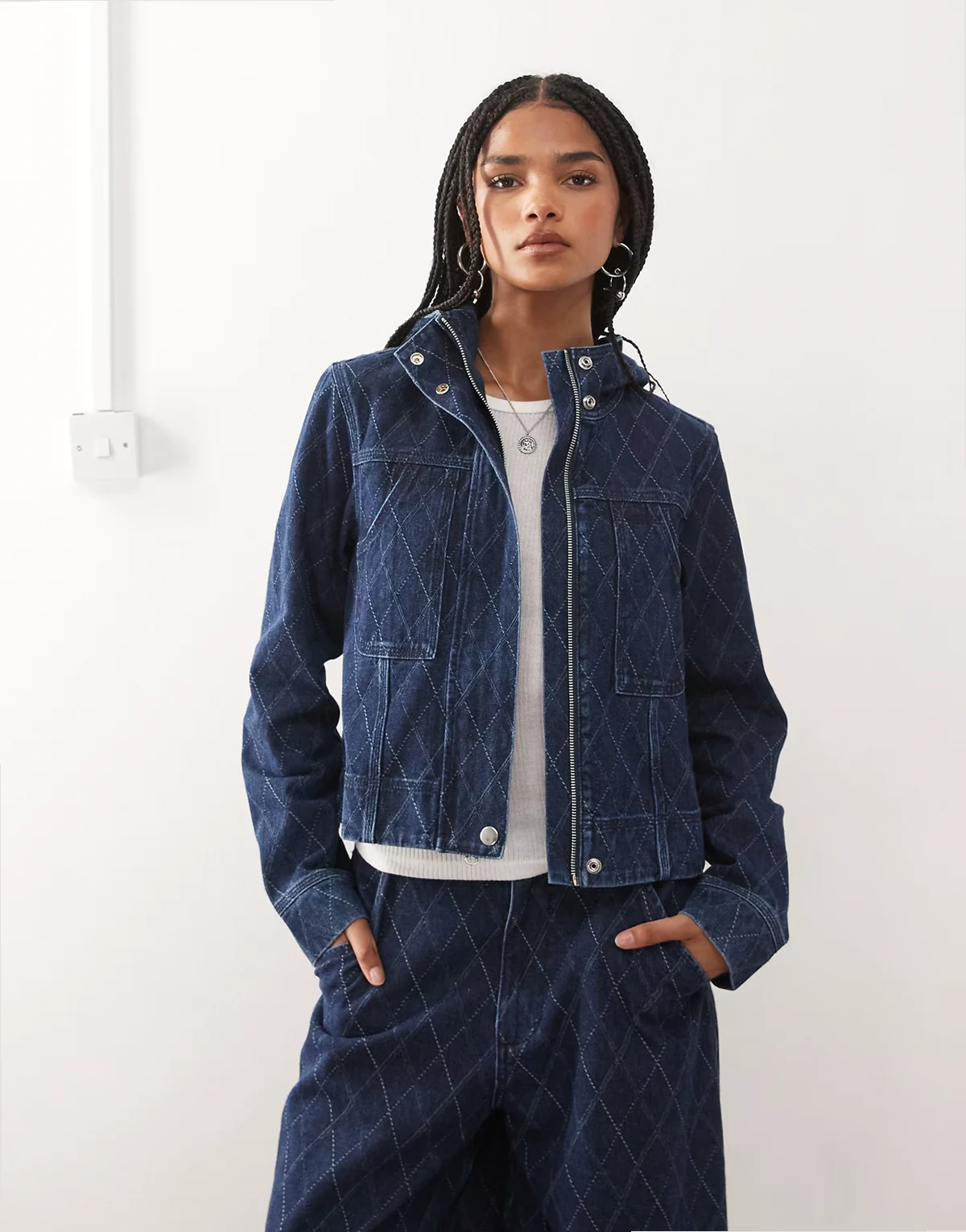 denim hooded argyle print jacket in rinse wash