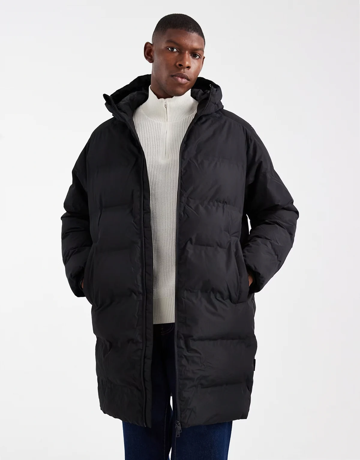 hooded long puffer jacket in black