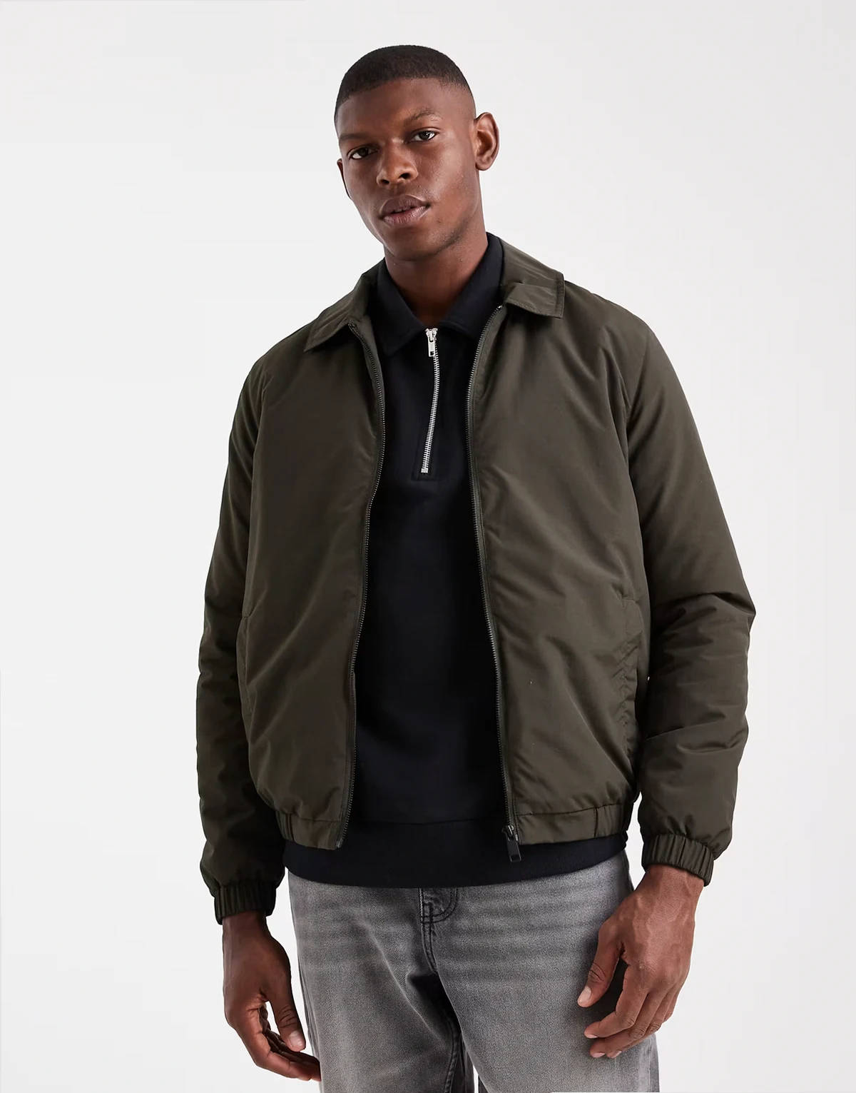 padded collared short jacket in khaki green