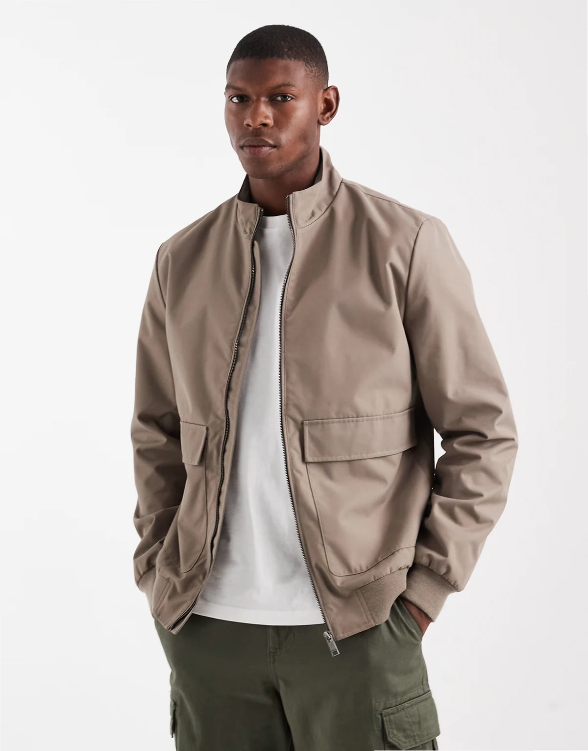 bomber jacket with front pockets in taupe