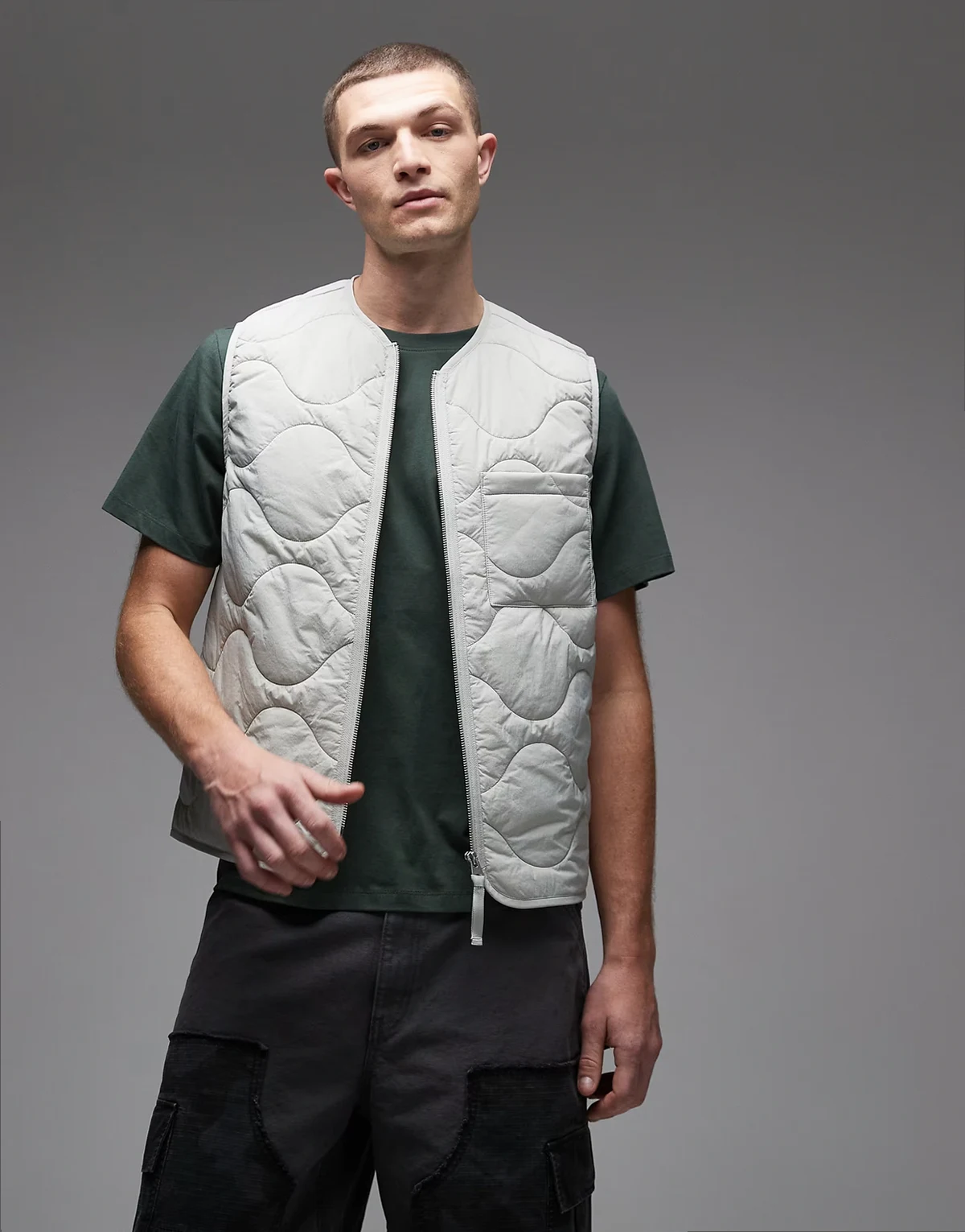 quilted vest with zip front in light gray