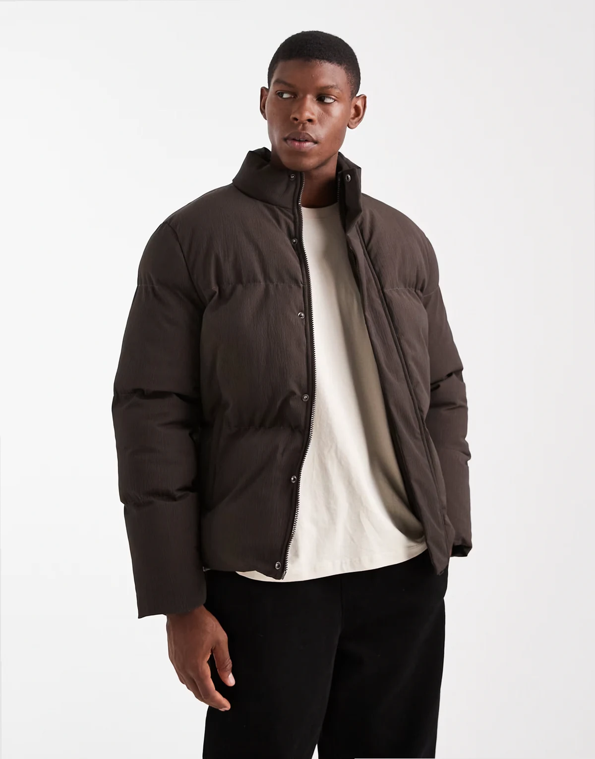 textured puffer jacket in chocolate brown
