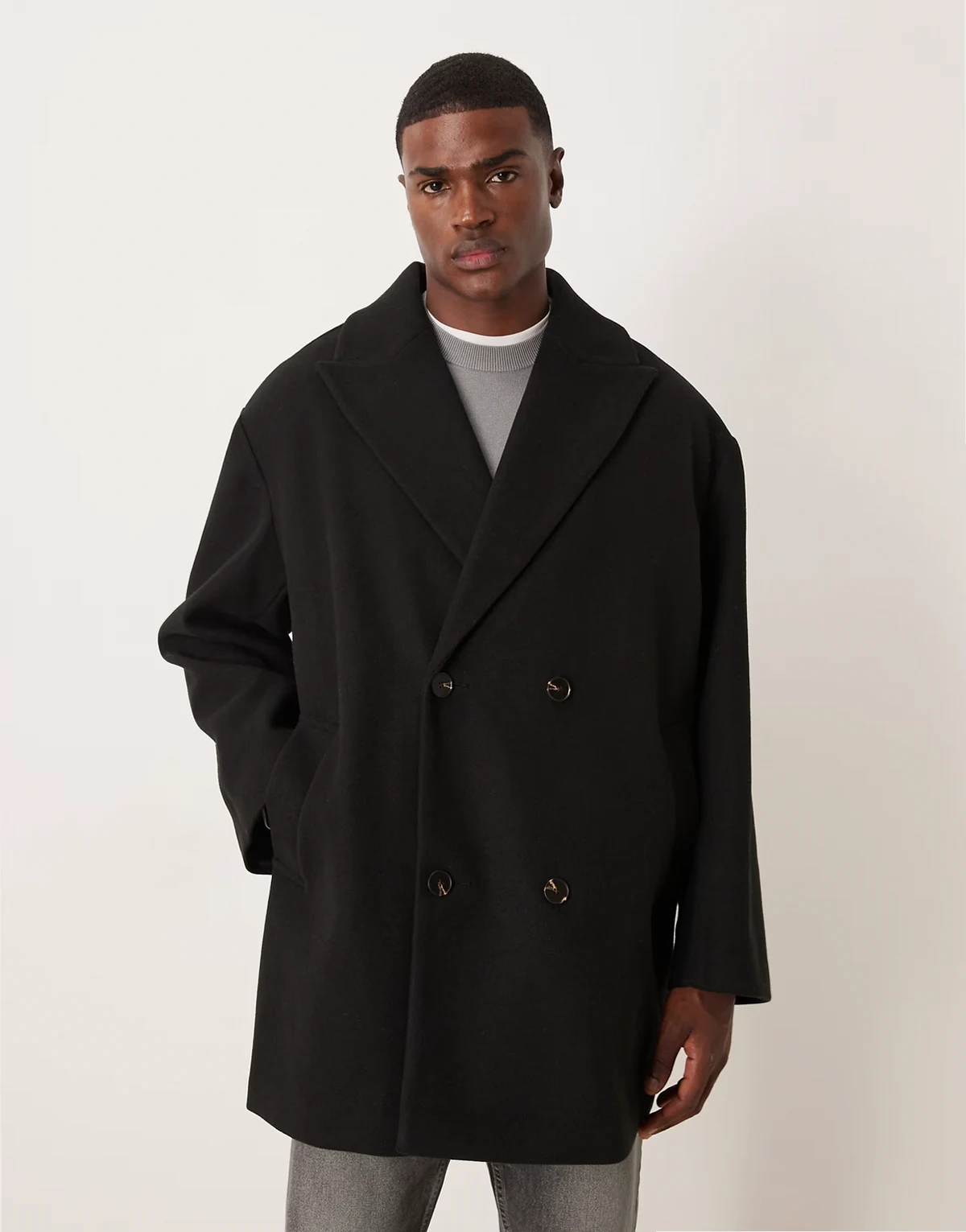 – Oversize-Cabanjacke in schwarzer Wolloptik