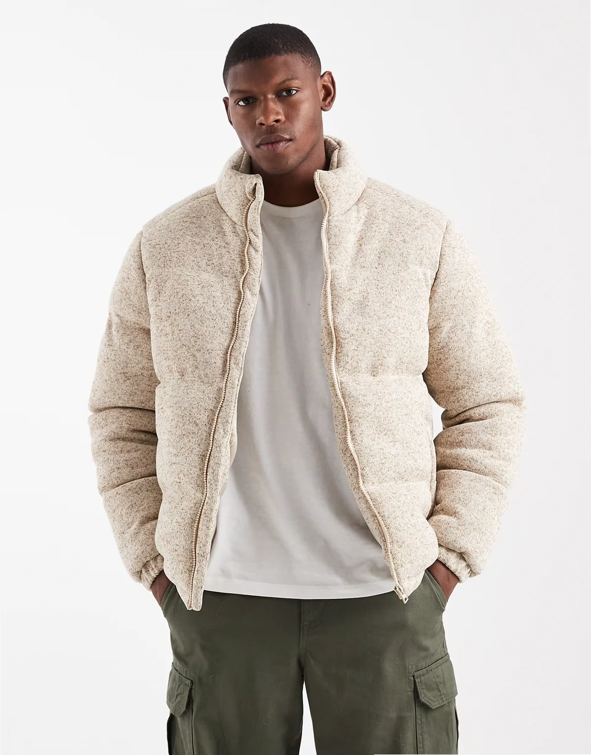 soft touch funnel neck zip up puffer coat in stone