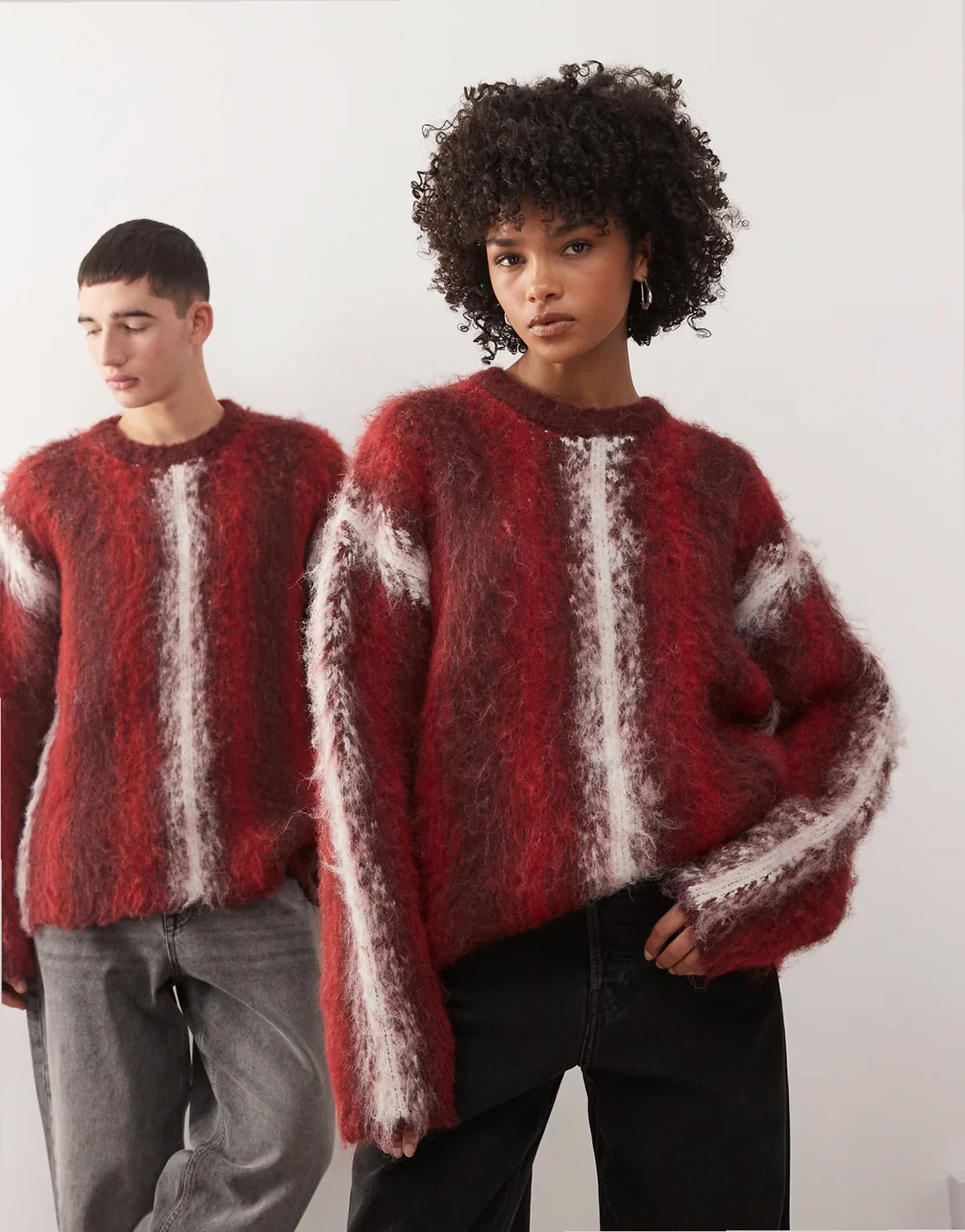 Unisex striped brushed knit sweater in red