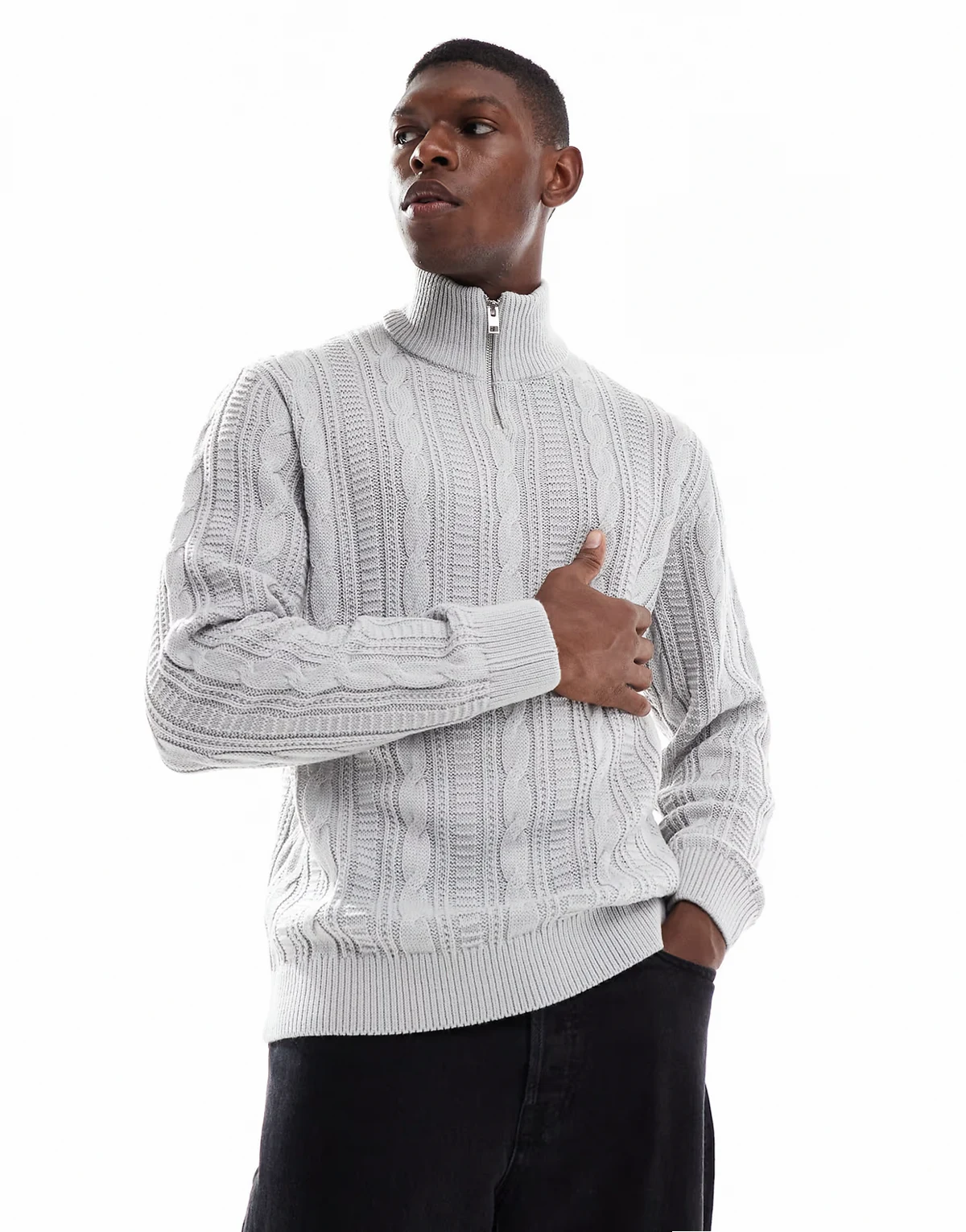 cable knit 1/4 zip sweater in gray