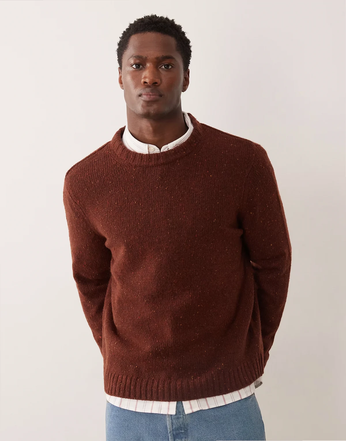 wool alpaca blend crew neck relaxed fit sweater in dark mole brown