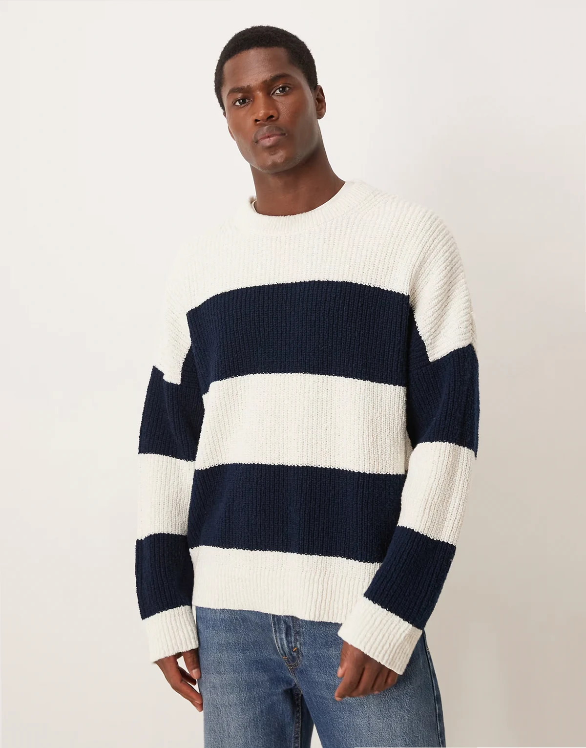pure cotton breton striped crew neck sweater in white and navy