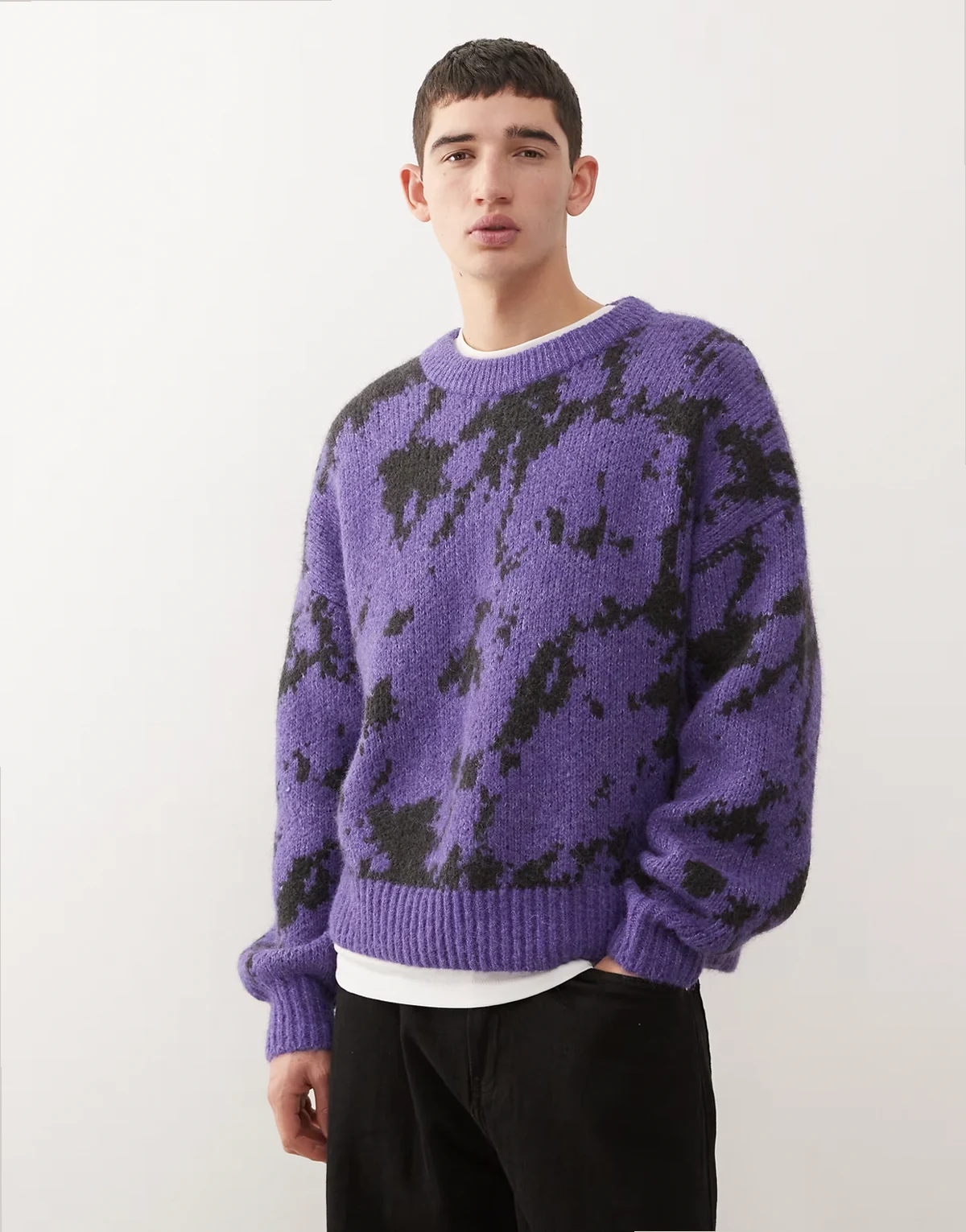wool blend oversized sweater with graphic jacquard in purple and black