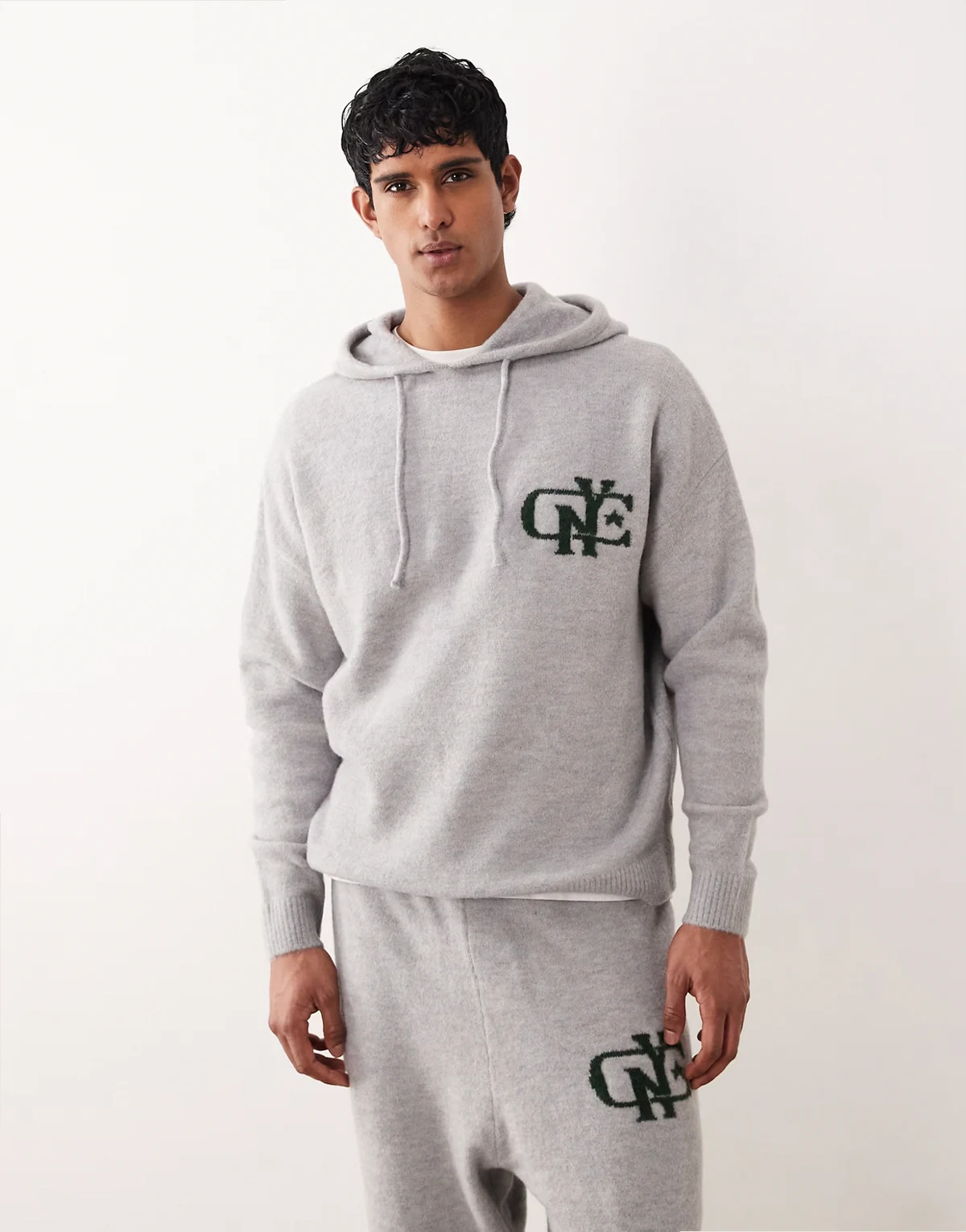 oversized knit hoodie with NYC chest logo in gray - part of a set