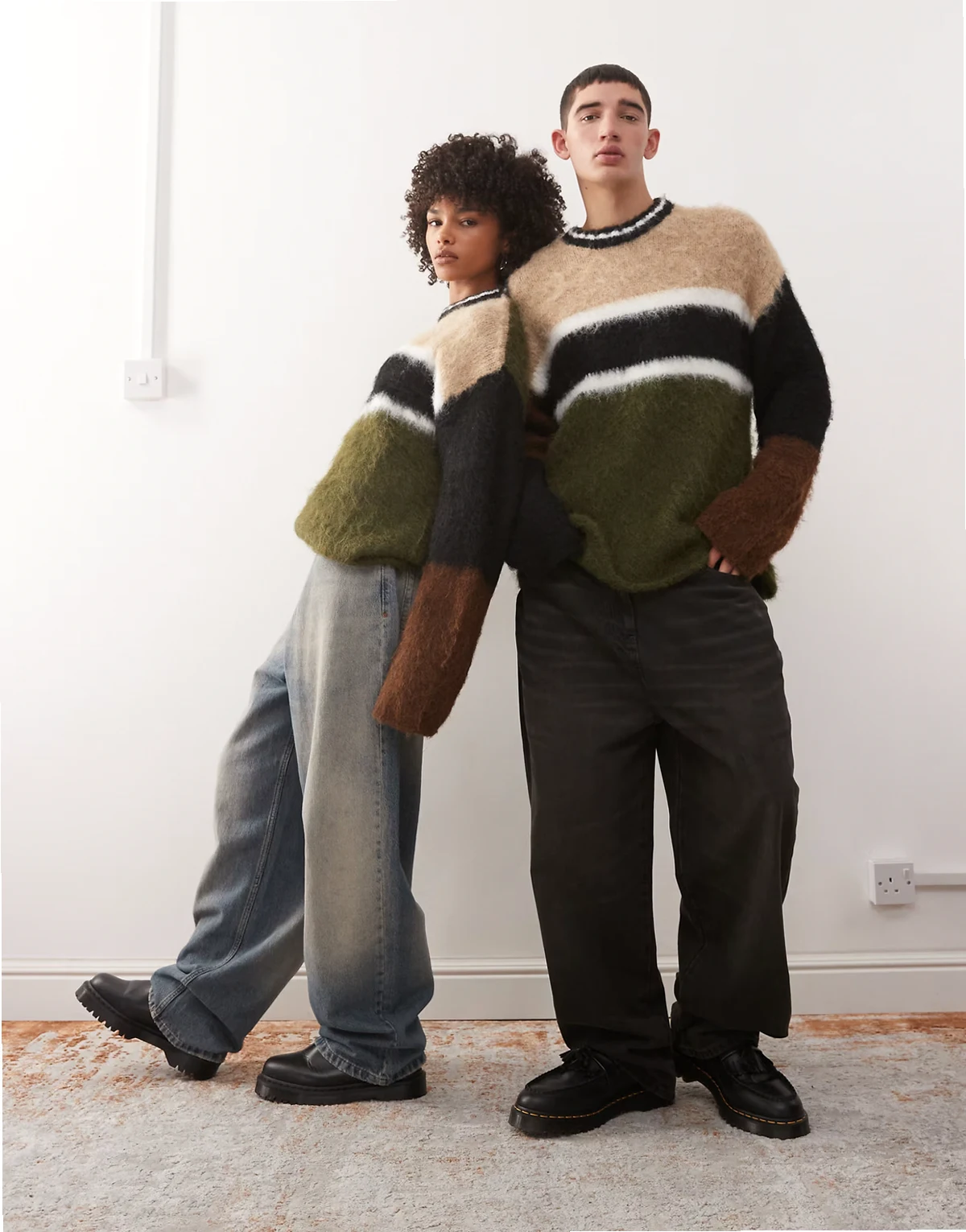 Unisex mixed panels mohair look sweater in multi