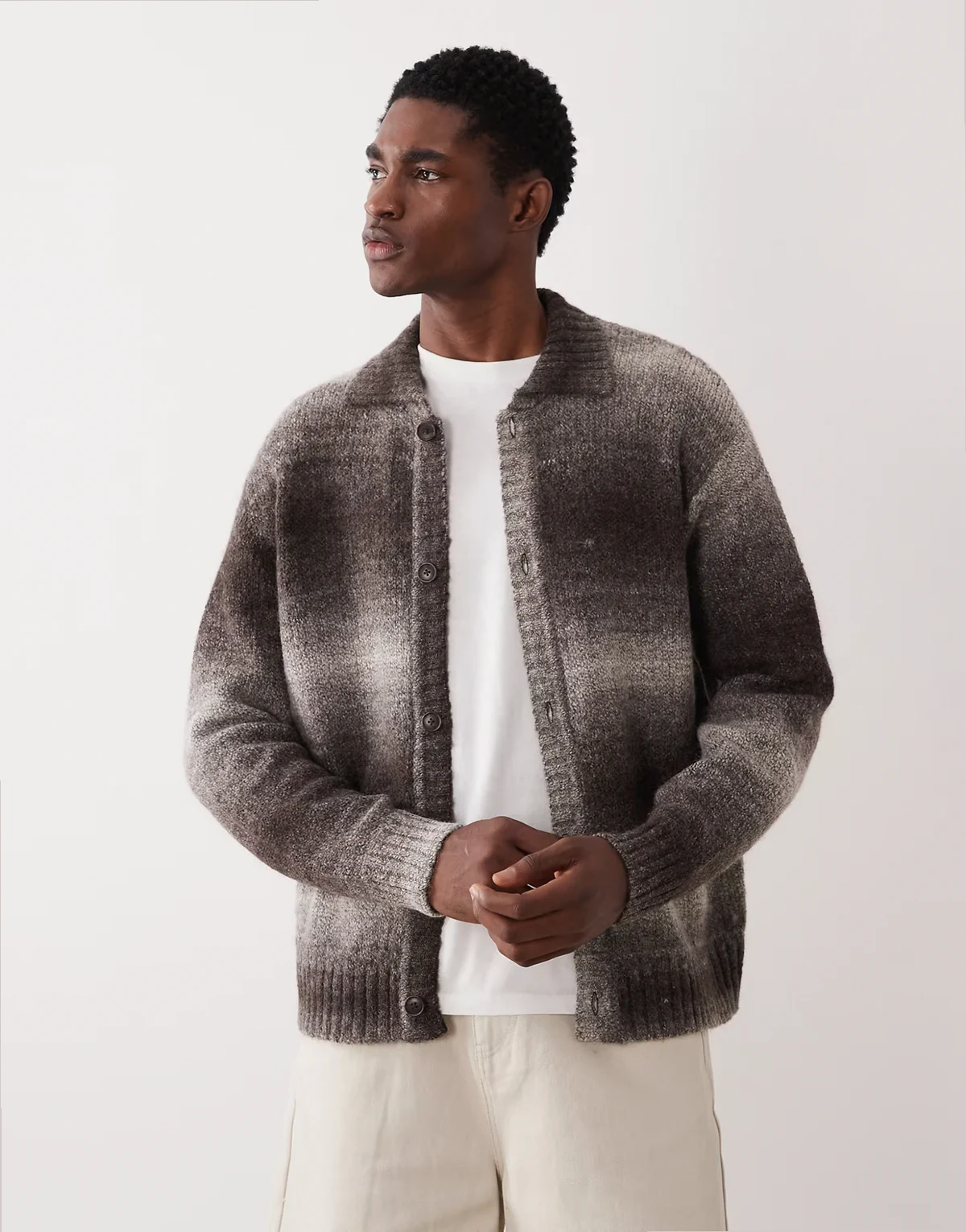 wool blend polo neck cardigan in brown ombre
