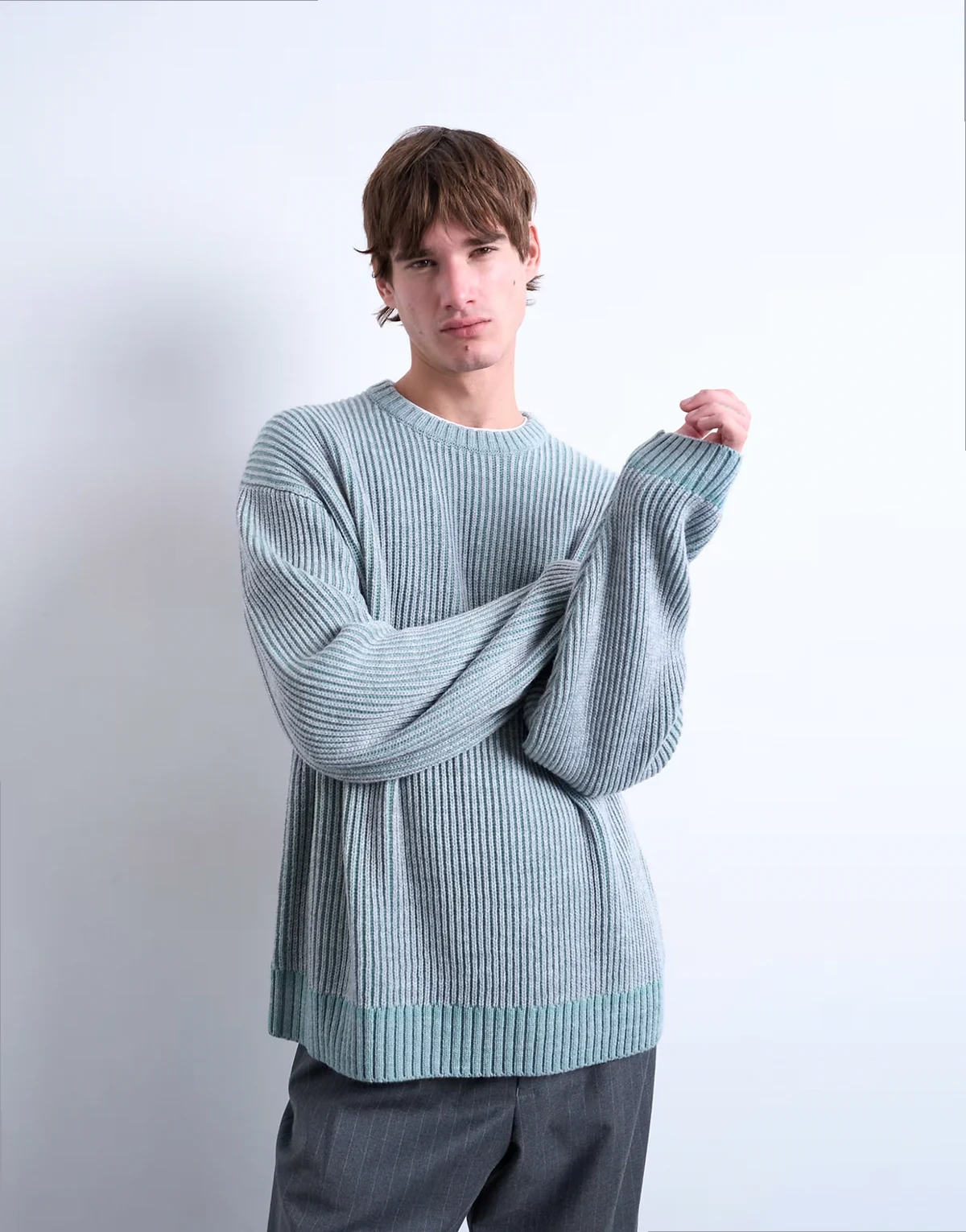 – Relaxed-Fit-Strickpullover in verwaschenem Blau mit Patentmuster