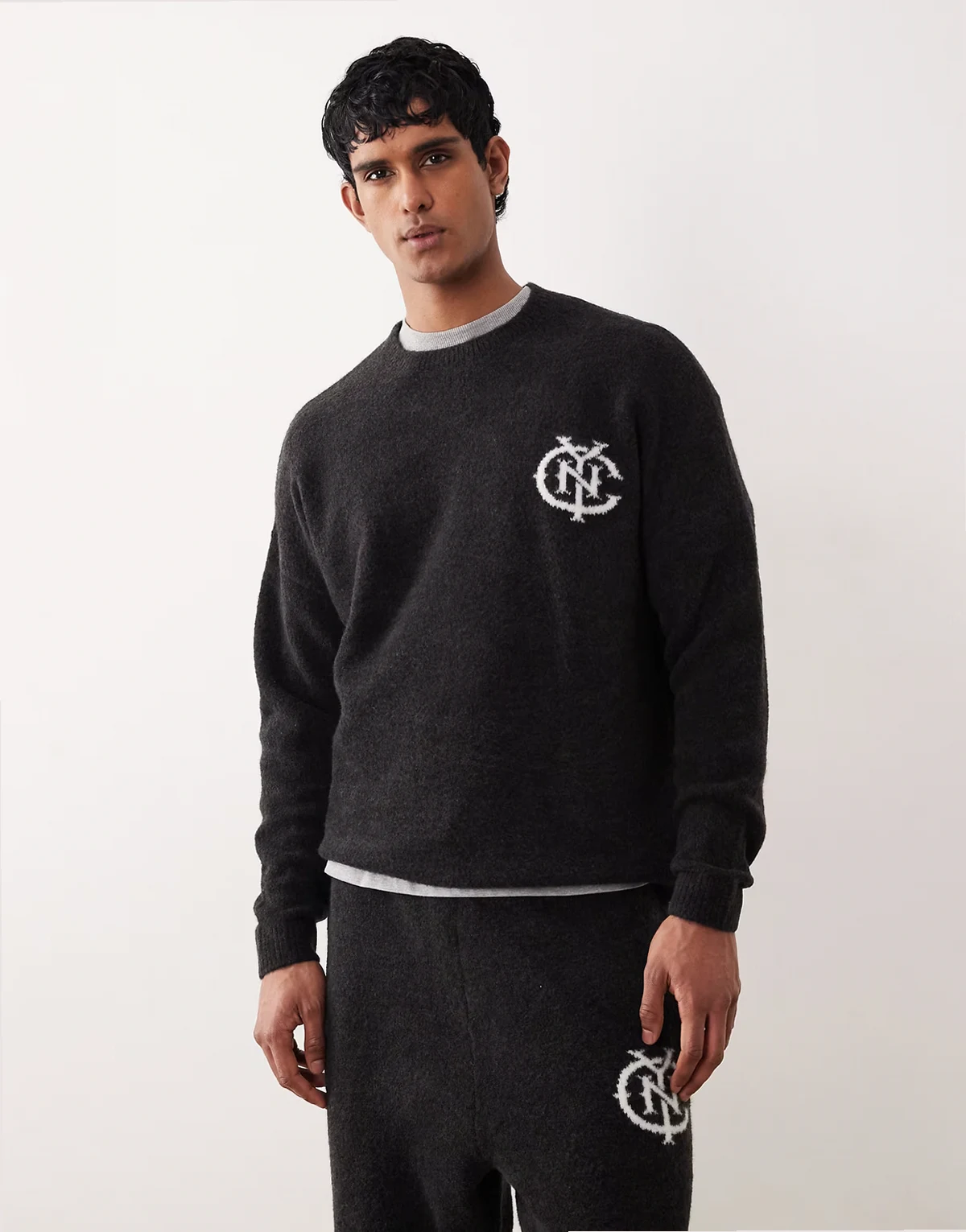 oversized knit sweater with NYC chest logo in washed black - part of a set