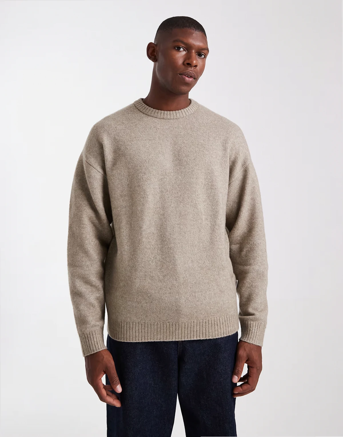 relaxed fit fluffy crew neck sweater in beige