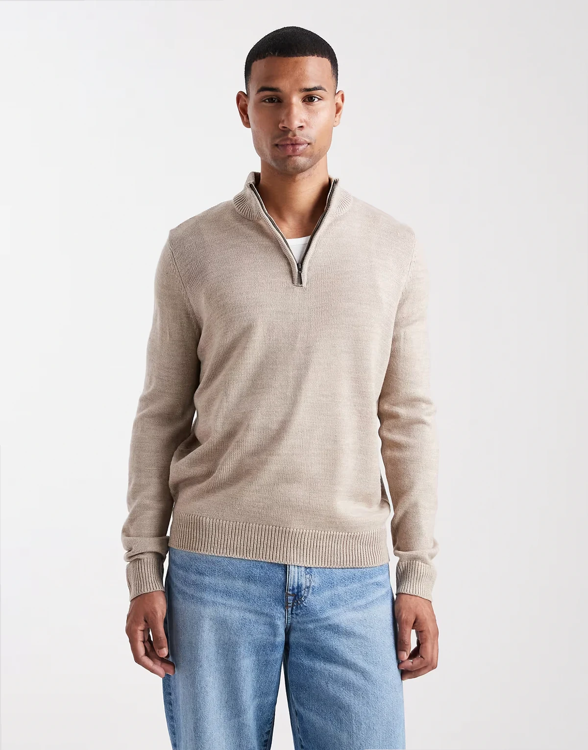 knit quarter zip sweater in beige