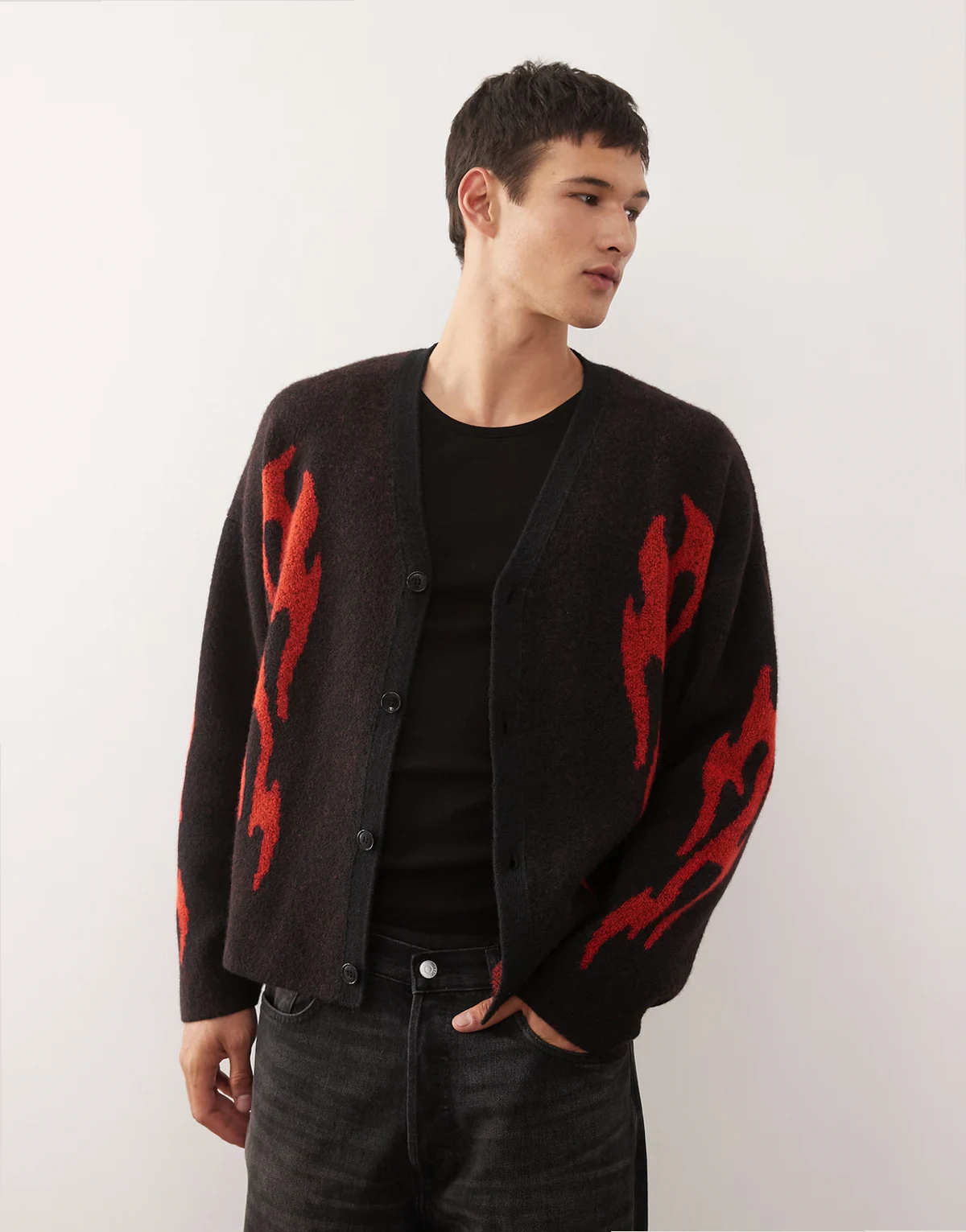 wool blend oversized cardigan with flame graphics in black