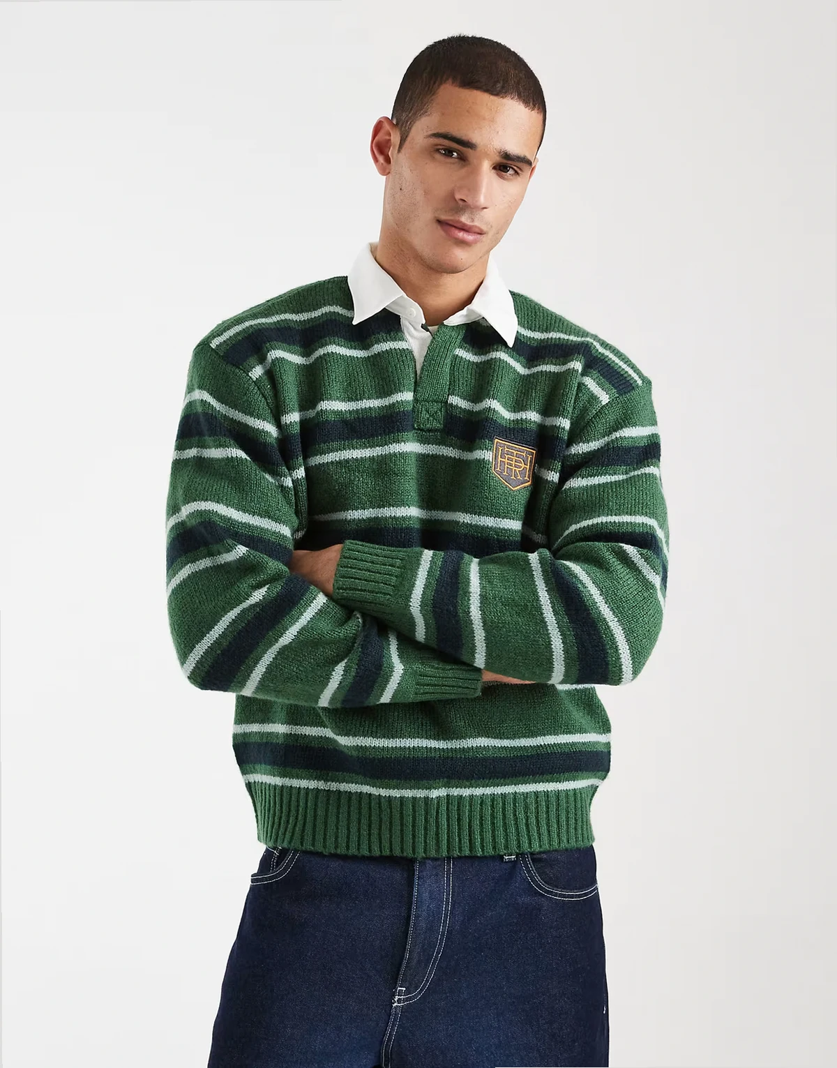 – Langärmliges, kastiges Rugby-Polohemd in Club-Grün mit Streifen