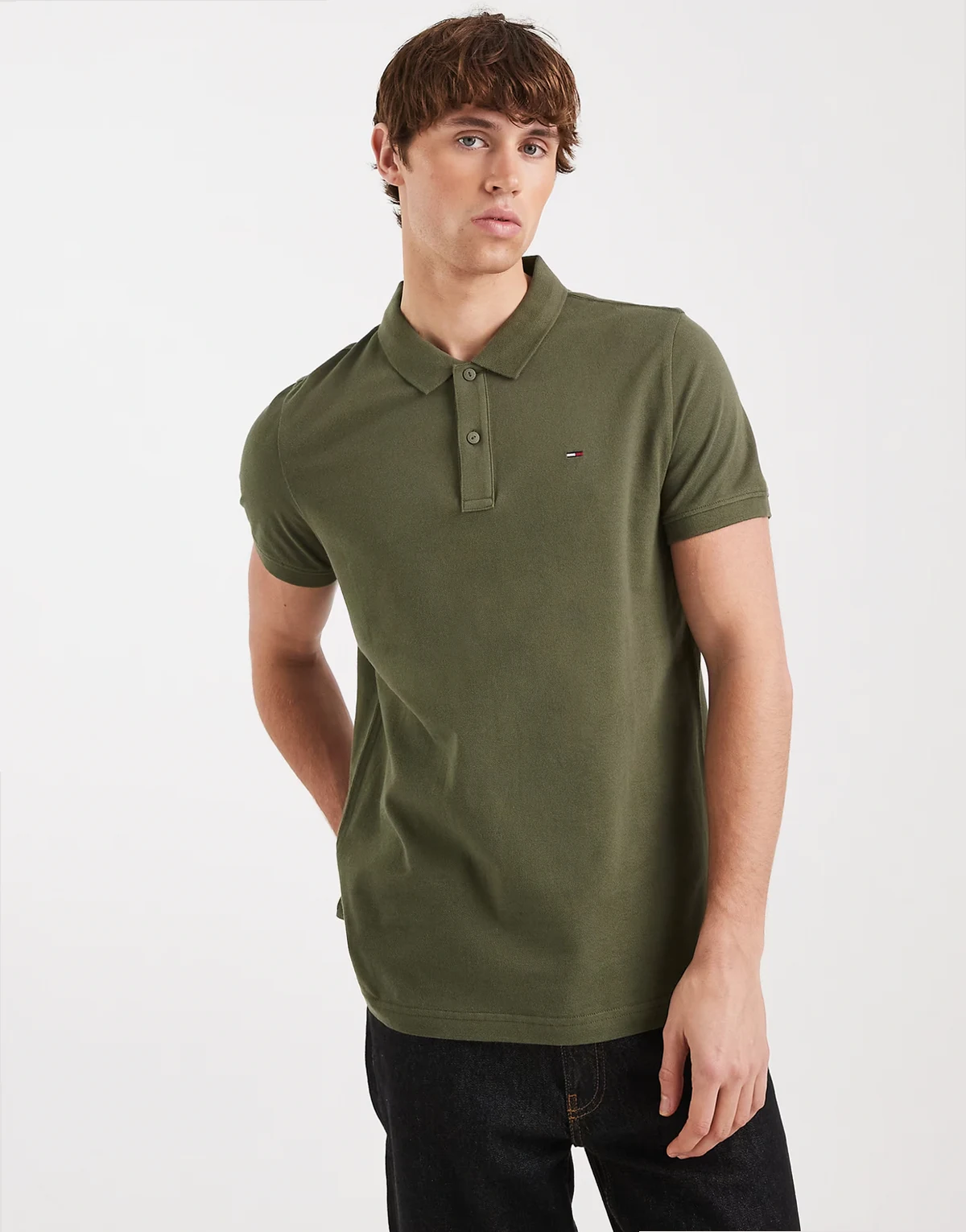 slim placket short sleeve polo shirt in dark green
