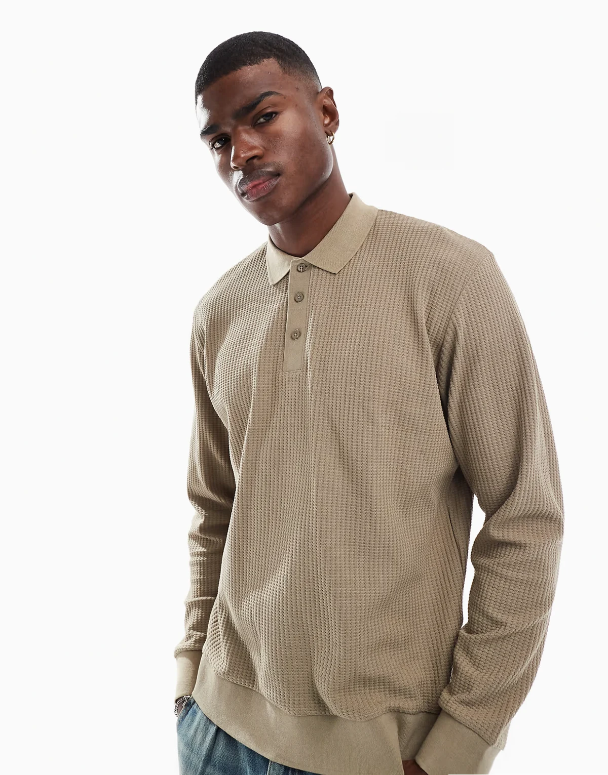 knit long sleeve textured polo in beige