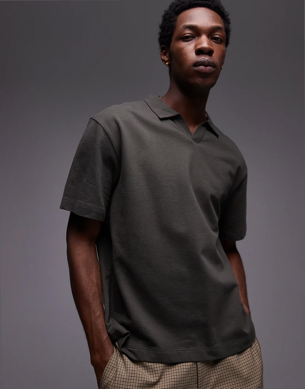 heavyweight crop fit camp collar polo in khaki