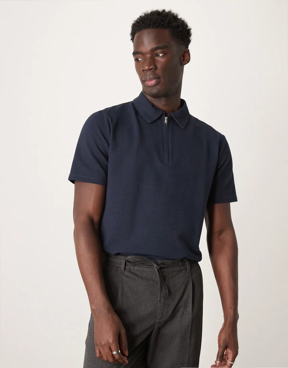 half zip seersucker polo shirt in navy