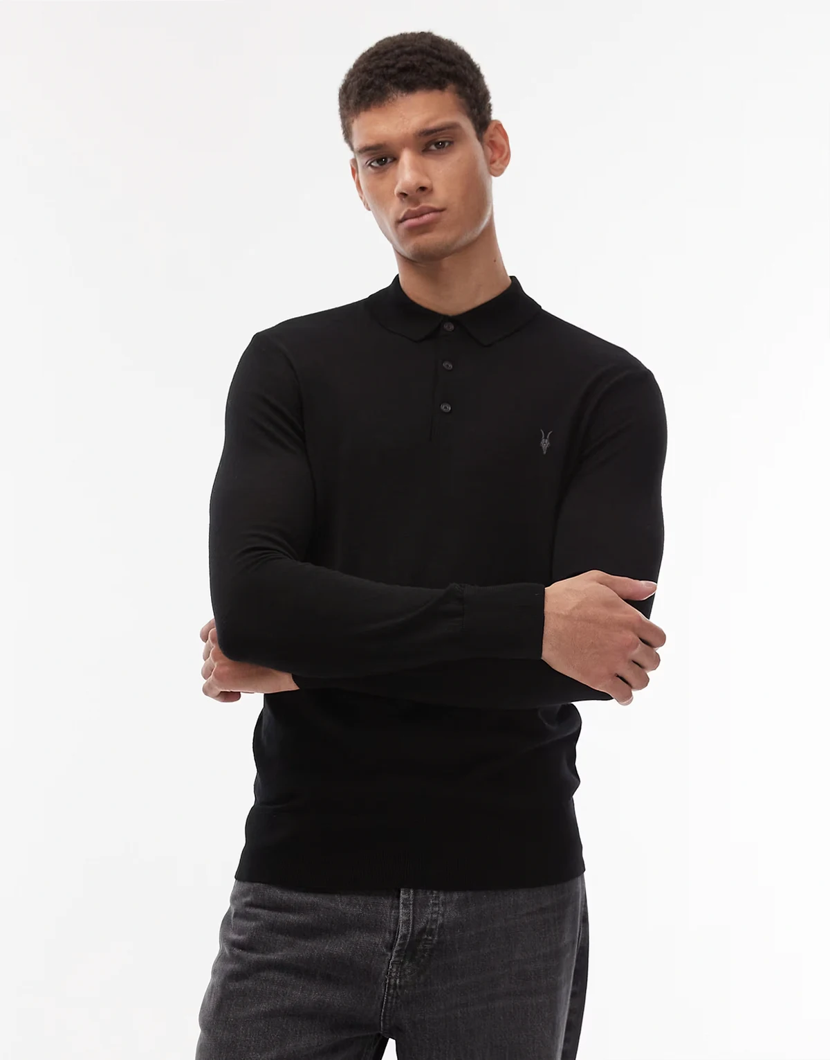 Merino knit polo in black