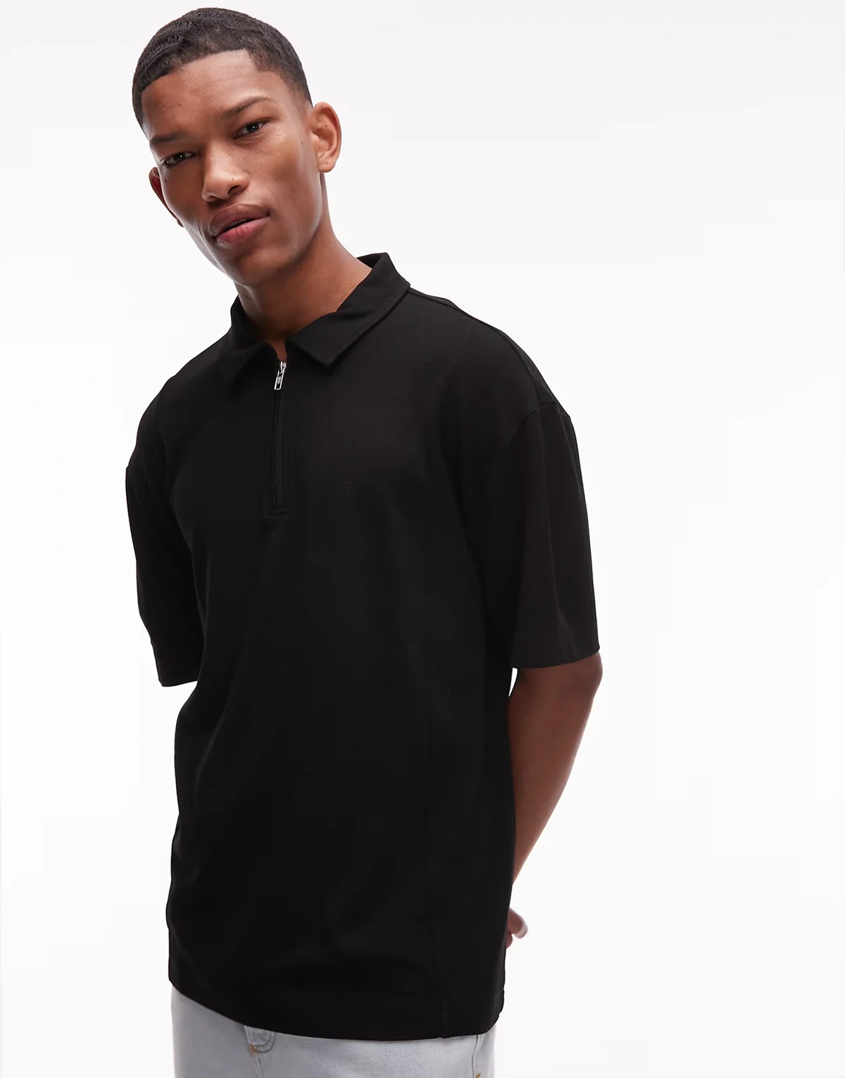 premium relaxed fit polo shirt with zip placket in black
