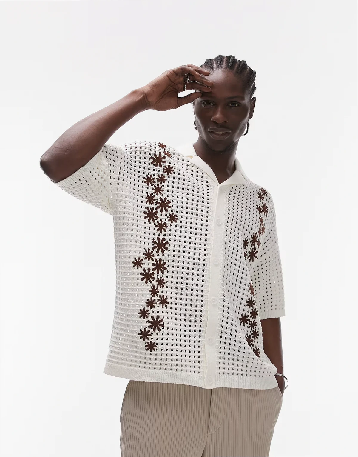 camp collar embroidered floral crochet shirt in ecru