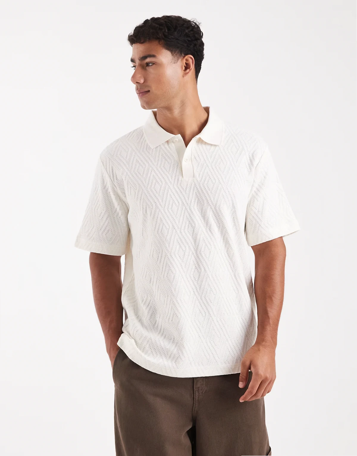 Premium – Kurzärmliges Strick-Polohemd in Creme