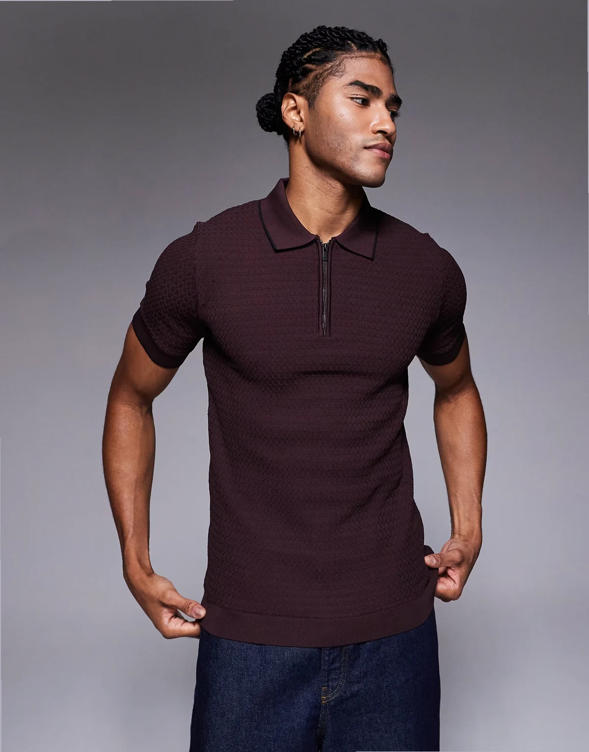 textured muscle fit partial zip polo in dark red