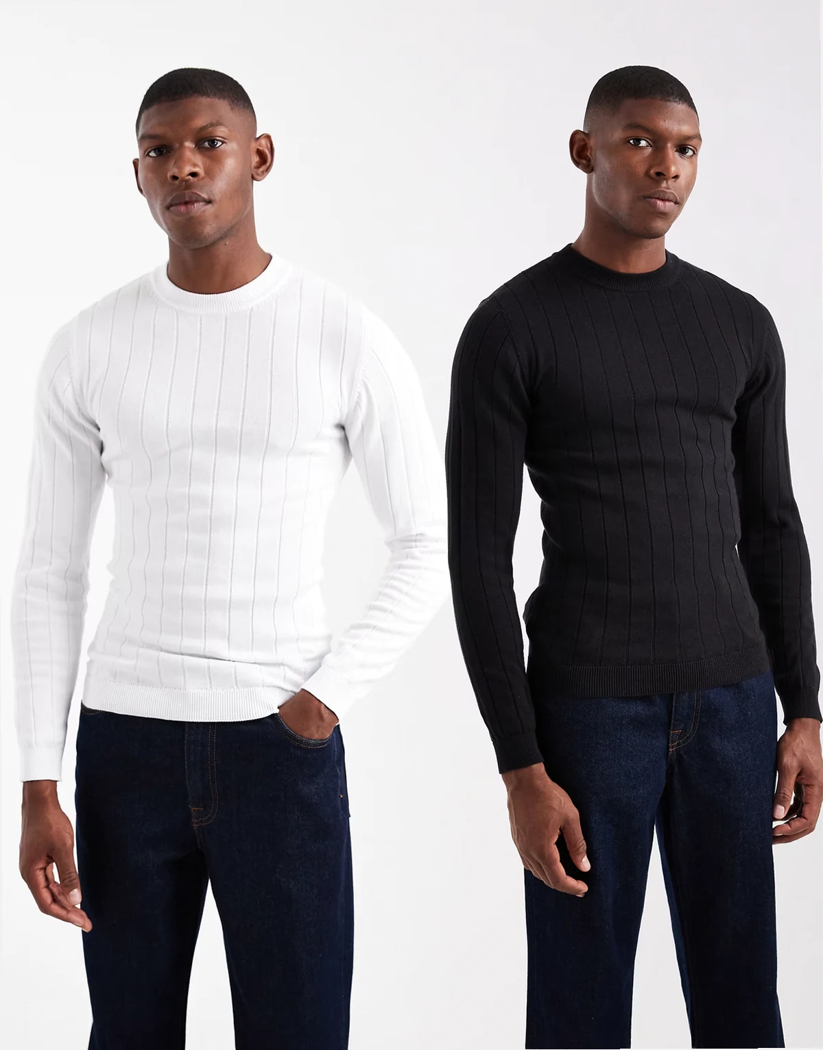 – Zestaw 2 T-shirtów z prążkowanej dzianiny o kroju podkreślającym sylwetkę w kolorze czarnym i złamanej bieli