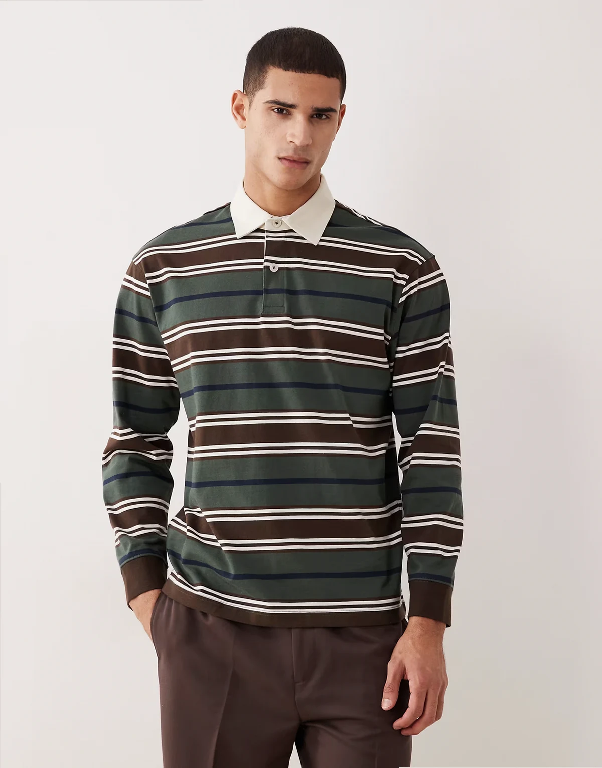 long sleeve stripe rugby polo in multi