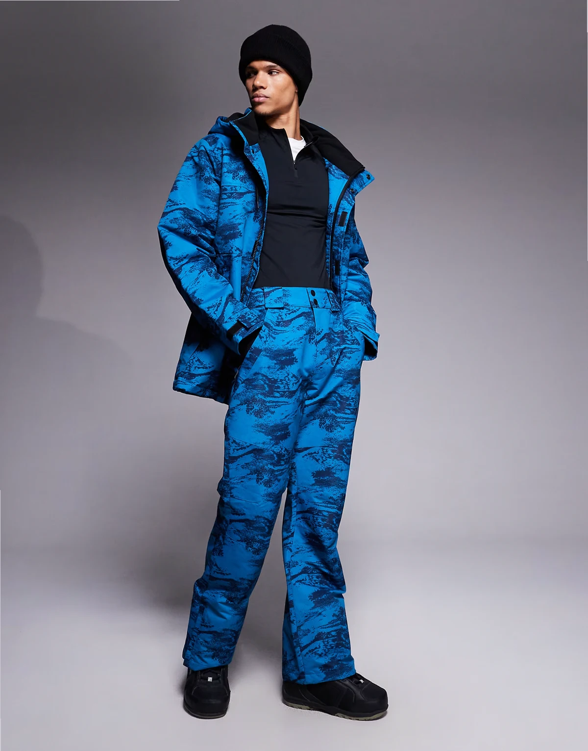 ski pants in blue and navy print