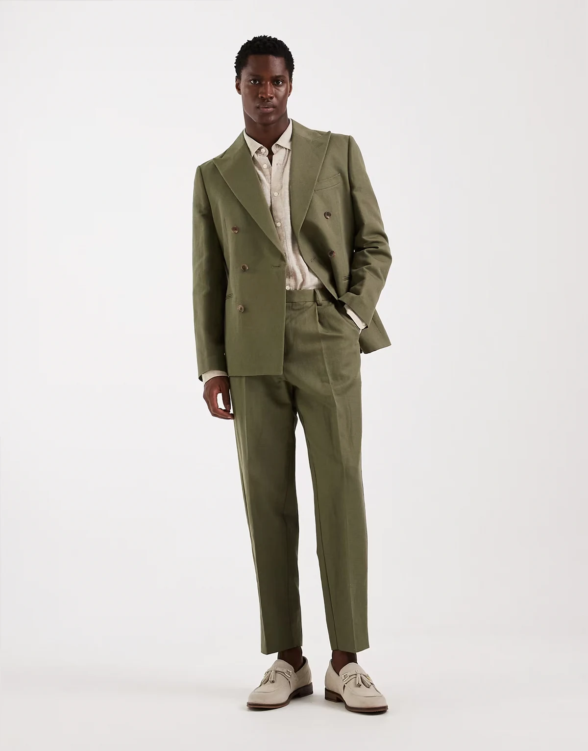 relaxed tapered linen-rich suit pants in dark olive