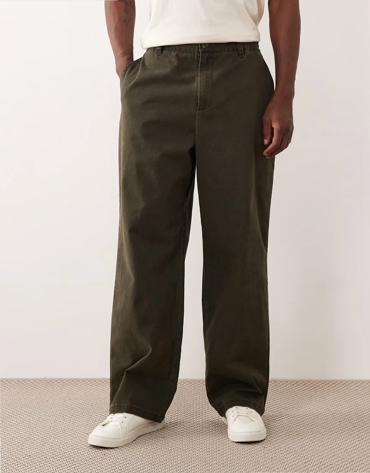 wide suit pants with quarter elastic waist in washed dark green
