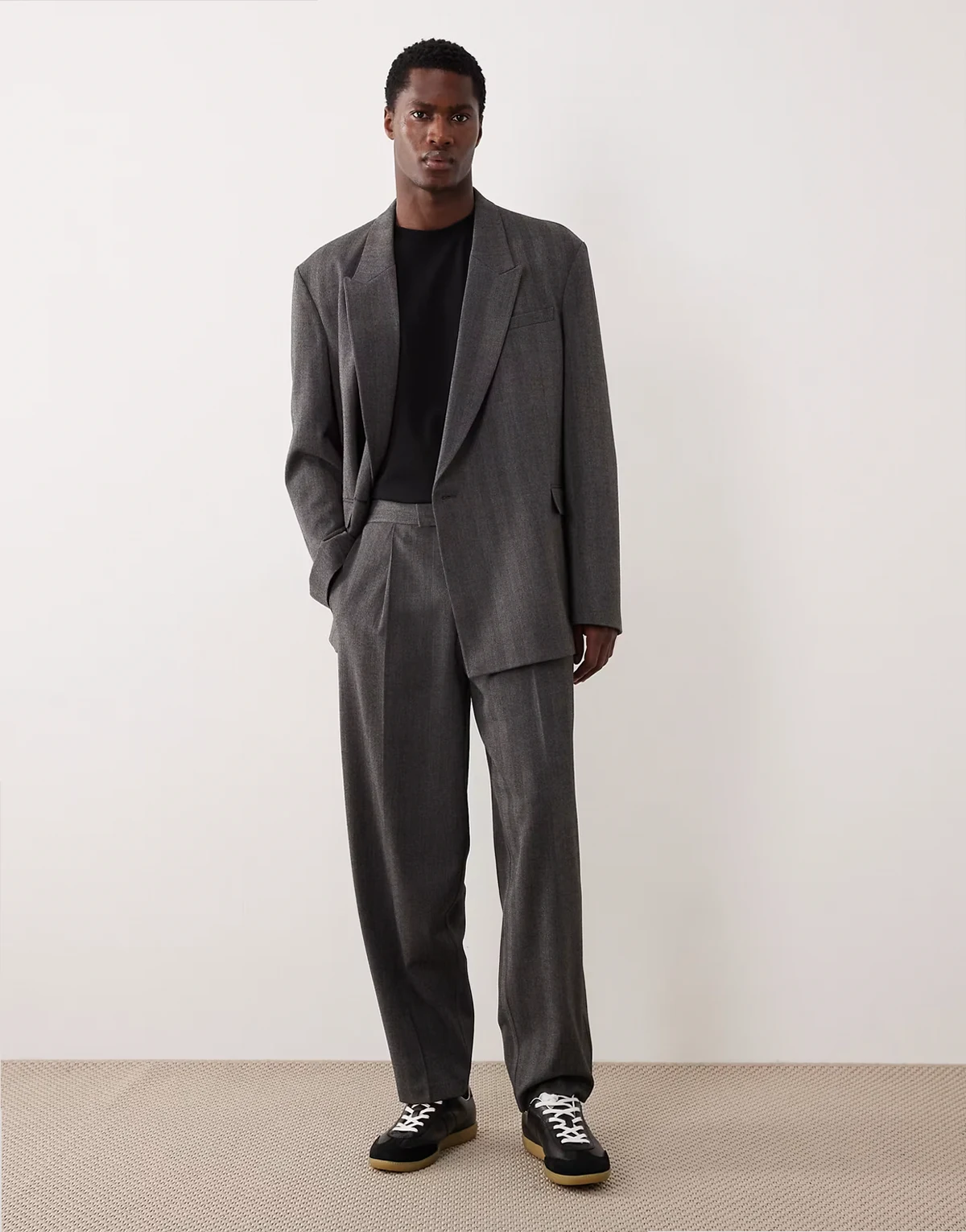 oversized tapered suit pants in gray herringbone