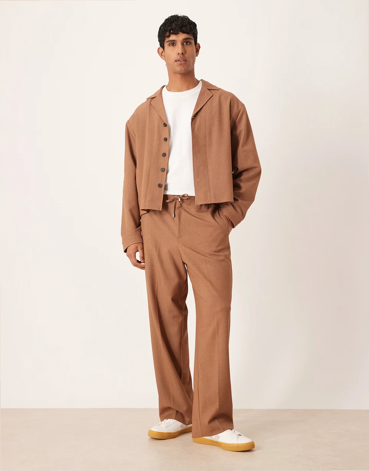 wide leg dress pants with elastic waist in brown - part of a set