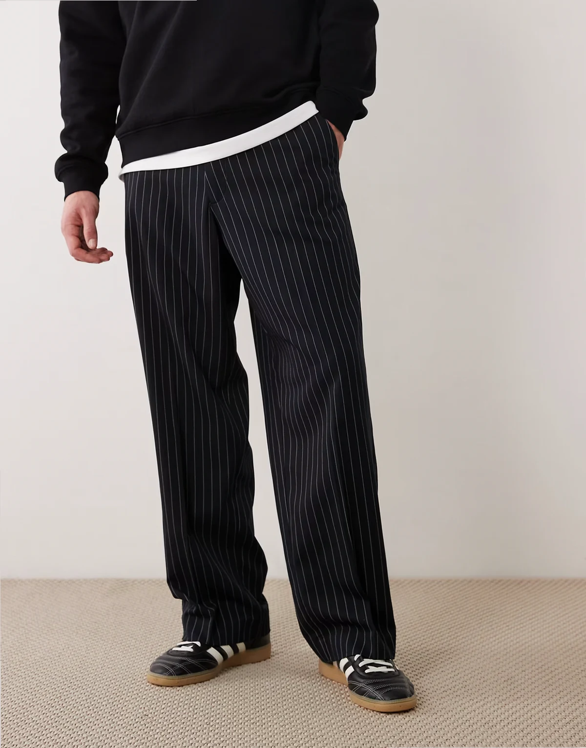 wide fit tailored stripe pants in navy